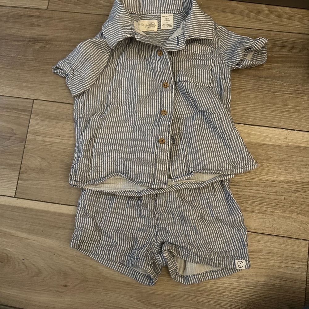 Boys blue and white striped short set. Size 18M.